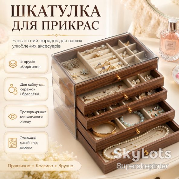 Шкатулка для хранения украшений XL-1833 Коричневый / Шкатулка для украшений / Органайзер для бижутерии - фото фото фото 0