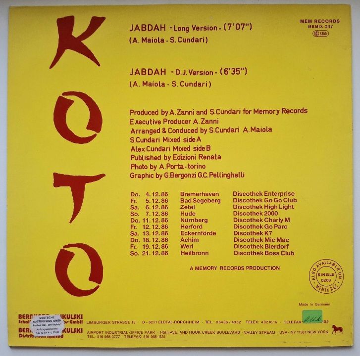 Koto - Jabdah - 1986.  (EP). 12. Vinyl. Пластинка. Germany. - фото фото фото 1