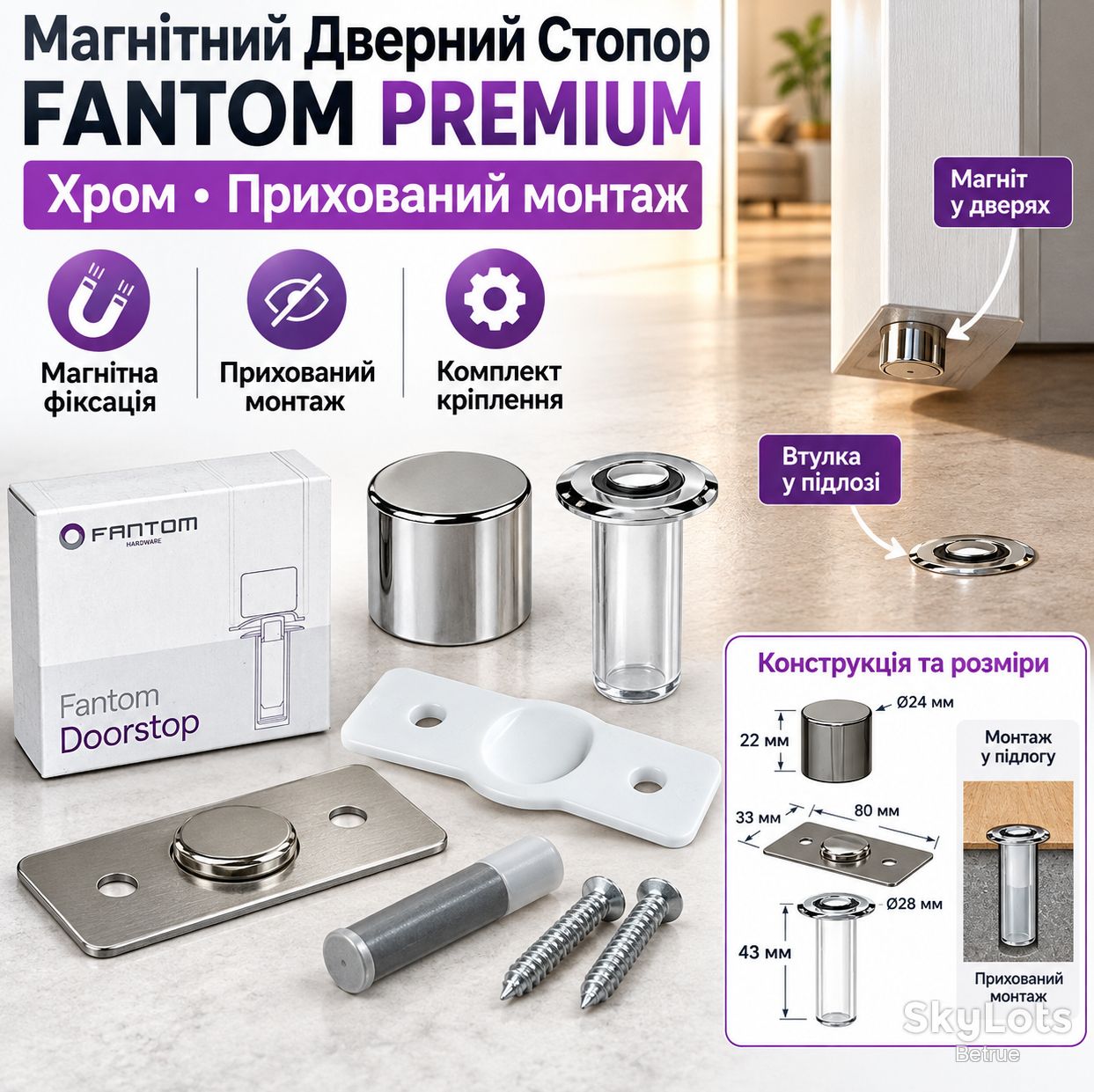 Магнітний Дверний Стопор FANTOM PREMIUM Хром Прихованого Монтажу    (20022) - фото фото фото 0