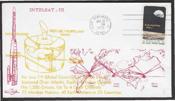 США 1970 КОСМОС РАКЕТА INTELSAT III ПОЛЁТ ОРБИТА КОСМИЧЕСКИЕ ИССЛЕДОВАНИЯ КАРТА ХК Каше - фото фото фото 0