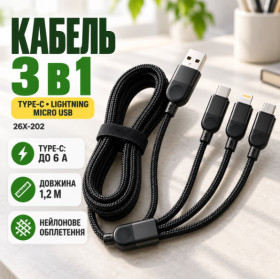 Кабелі Кабели ^/--/^ Кабель 3 в 1 для зарядки USB с разъемами Type-C, Lightning и Micro USB / Кабель быстрая зарядка до 6 /--/ A 26 /--/ X-202 ^_^^^ Кабель 3 в 1 для зарядки USB з роз'ємами Type-C, Lightning і Micro USB / Кабель швидка зарядка до 6 /--/ A 26 /--/ X-202 - фото фото фото