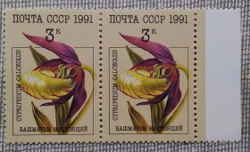 Флора Флора ^/--/^ СССР 1991 г - Орхидеи,   Башмачок настоящий,  пара, поле  справа, негаш ^_^^^ СРСР 1991 р - Орхідеї, Башмачок справжній, пара, поле праворуч, негаш - фото фото фото