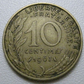 Франція Франция ^/--/^ Франція 10 сантимів 1967 року 41991 ^_^^^ Франция 10 сантимов 1967 года 41991 - фото фото фото