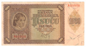 Балканський півострів Балканский полуостров ^/--/^ Хорватия 1000 кун 1941 aUNC  (н /--/ 19) ^_^^^ Хорватія 1000 кун 1941 aUNC (н /--/ 19) - фото фото фото