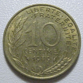 Франція Франция ^/--/^ Франція 10 сантимів 1989 року 1401 ^_^^^ Франция 10 сантимов 1989 года 1401 - фото фото фото