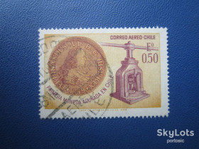 Південна Америка Южная Америка ^/--/^ Марка Чилі 1968 монета на марці гаш ^_^^^ Марка Чили 1968 монета на марке гаш - фото фото фото