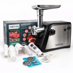 М'ясорубки Мясорубки ^/--/^ М’ясорубка Rainberg RB-672 стаціонарна 3000 /--/ W + соковитискач/2 ножа/3 сіточки Чорна ^_^^^ Мясорубка Rainberg RB-672 стационарная 3000 /--/ W + сокрушитель/2 ножа/3 сеточки Черная - фото фото фото