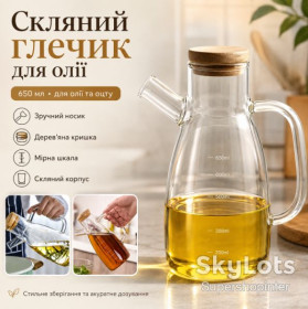 Набори для спецій, цукорниці Наборы для специй, сахарницы ^/--/^ Стеклянный кувшин для масла и уксуса 650 мл с носиком, ручкой и деревянной крышкой, бутылка-дозатор для жидких продуктов ^_^^^ Скляний глечик для масла і оцту 650 мл з носиком, ручкою і дерев'яною кришкою, пляшка-дозатор для рідких продуктів - фото фото фото