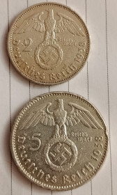 Германія (-) Германия (-) ^/--/^ Пара 2 и 5 марок 1938 года. Гинденбург. Берлинский монетный двор. ^_^^^ Пара 2 і 5 марок 1938 року. Гінденбург. Берлінський монетний двір. - фото фото фото