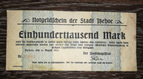 Німеччина Германия ^/--/^ Germany Німеччина 100000 марок 11 серпня 1923 Ітцего нотгельд ^_^^^ Germany Германия 100000 марок 11 августа 1923 Итцего нотгельд - фото фото фото