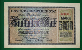 Німеччина Германия ^/--/^ Германия Бавария Мюнхен 5000 марок 1 декабря 1922 № 34 34 41 ^_^^^ Німеччина Баварія Мюнхен 5000 марок 1 грудня 1922 No 34 34 41 - фото фото фото