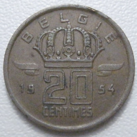 Бельгія Бельгия ^/--/^ Бельгія 20 сантимів 1954 року Belgie 42942 ^_^^^ Бельгия 20 сантимов 1954 года Belgie 42942 - фото фото фото