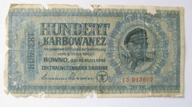 Загальнодержавні випуски Общегосударственные выпуски ^/--/^ 100 карбованців карбованцев 1942 Ровно Рівне Україна Украина ^_^^^ 100 рублей карбованцев 1942 Ровно Ровно Украина Украина - фото фото фото