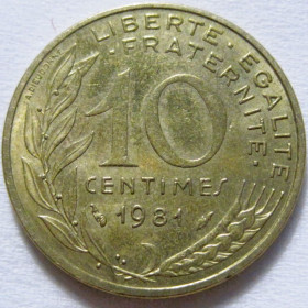 Франція Франция ^/--/^ Франція 10 сантимів 1981 року #6 /--/ П /--/ 1344 ^_^^^ Франция 10 сантимов 1981 года #6 /--/ П /--/ 1344 - фото фото фото