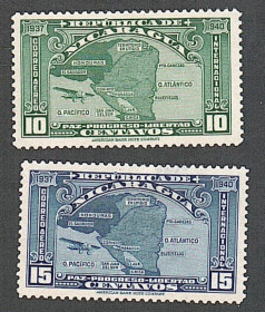 Центральна Америка Центральная Америка ^/--/^ Никарагуа  (1937) Авиапочта. Самолёт. Карта ^_^^^ Нікарагуа (1937) Авіапошта. Літак. Карта - фото фото фото