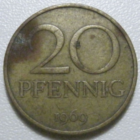 НДР, ФРН ГДР, ФРГ ^/--/^ Німеччина - НДР 20 пфенігів 1969 року 43395 ^_^^^ Германия - ГДР 20 пфеннигов 1969 года 43395 - фото фото фото