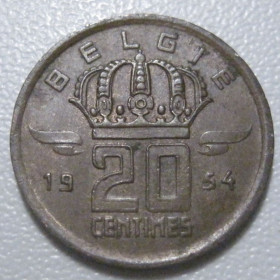 Бельгія Бельгия ^/--/^ Бельгія 20 сантимів 1954 року Belgie 42236 ^_^^^ Бельгия 20 сантимов 1954 года Belgie 42236 - фото фото фото