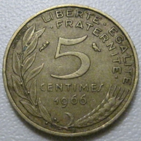 Франція Франция ^/--/^ Франція 5 сантимів 1966 року 41937 ^_^^^ Франция 5 сантимов 1966 года 41937 - фото фото фото