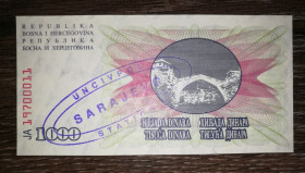 Балканський півострів Балканский полуостров ^/--/^ Боснія і Герцеговина 1000 динарів 1992 штамп Сараєво Uncivpol № 19700011 ^_^^^ Босния и Герцеговина 1000 динаров 1992 штамп Сараево Uncivpol No 19700011 - фото фото фото