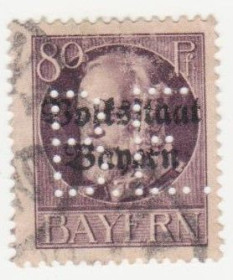 Веймарська республіка Веймарская республика ^/--/^ Германия   (Бавария) 1919 г. № 131 гашеная перфин ^_^^^ Німеччина (Баварія) 1919 р. No 131 гашена перфін - фото фото фото