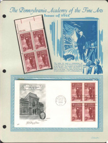 Північна Америка Северная Америка ^/--/^ США 1955  г - квартблок MNH + КПД  ХМК с квартблоком  -  штат Пенсильвания - искусство ^_^^^ 1955 — квартблок MNH + ККД ХМК з квартблоком — штат Пенсільванія — мистецтво - фото фото фото