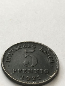 Німецька імперія (-) Германская империя (-) ^/--/^ Німеччина 5 пфенігів,  1921 р. J. Брак. Розкол  тріщина штемпеля. ^_^^^ Германия 5 пфеннигов, 1921 г. J. Брак. Раскол трещина штемпеля. - фото фото фото