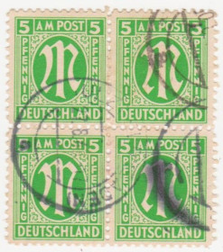 НДР, ФРН ГДР, ФРГ ^/--/^ Германия British American Zone 1945 - 1949 г. № 4 А гашеная кварт блок ^_^^^ Німеччина British American Zone 1945 - 1949 р. No 4 А гашена кварт блок - фото фото фото