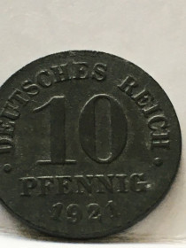Німецька імперія (-) Германская империя (-) ^/--/^ Німеччина 10 пфенігів,  1921 р. Брак. Заштамповка  засмічення штемпеля. ^_^^^ Германия 10 пфеннигов, 1921 г. Брак. Заштамповка засорения штемпеля. - фото фото фото