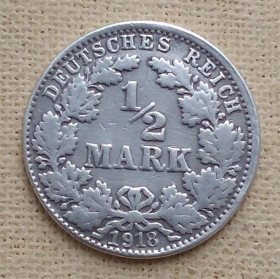 Німецька імперія (-) Германская империя (-) ^/--/^ Германия ½ марки,  1918 г, &amp;quot;J&amp;quot; - Гамбург, серебро ^_^^^ Німеччина 1⁄2 марки, 1918 р, &amp;quot;J&amp;quot; - Гамбург, срібло - фото фото фото