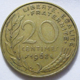Франція Франция ^/--/^ Франція 20 сантимів 1968 року #6 /--/ П /--/ 1394 ^_^^^ Франция 20 сантимов 1968 года #6 /--/ П /--/ 1394 - фото фото фото