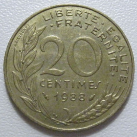 Франція Франция ^/--/^ Франція 20 сантимів 1988 року 43638 ^_^^^ Франция 20 сантимов 1988 года 43638 - фото фото фото