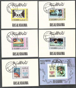 ОАЕ ОАЭ ^/--/^ Рас-Аль-Хайма   (1970) Марки на марках. Космос. 6 беззубцовых блоков ^_^^^ Рас-Аль-Хайма (1970) Маркі на марках. Космос. 6 беззубкових блоків - фото фото фото