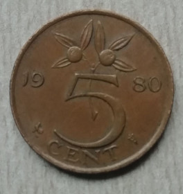 Нідерланди Нидерланды ^/--/^ Нидерланды  5 цент 1980  Юлиана ^_^^^ Нідерланди 5 цент 1980 Юліана - фото фото фото
