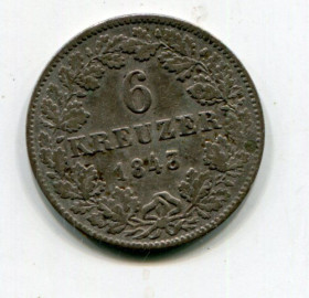 Німеччина до  року Германия до  года ^/--/^ 6 крейцерів 1843 р. Велике Герцогство Баден. ^_^^^ 6 крейцеров 1843 г. Великое герцогство Баден. - фото фото фото