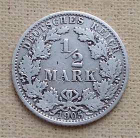 Німецька імперія (-) Германская империя (-) ^/--/^ Германия ½ марки, 1905 г, &amp;quot;A&amp;quot; - Берлин, серебро ^_^^^ Німеччина 1⁄2 марки, 1905 р, &amp;quot;A&amp;quot; - Берлін, срібло - фото фото фото