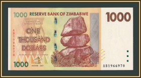 Зімбабве Зимбабве ^/--/^ Зимбабве 1000 долларов 2007 P-71  (71 /--/ a) UNC ^_^^^ Зімбабве 1000 доларів 2007 P-71 (71 /--/ a) UNC - фото фото фото