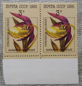 Флора Флора ^/--/^ СССР 1991 г - Орхидеи,   Башмачок настоящий,  пара, поле снизу, негаш ^_^^^ СРСР 1991 р - Орхідеї, Башмачок справжній, пара, поле знизу, негаш - фото фото фото