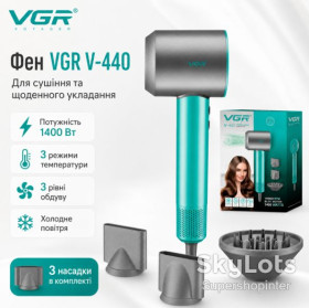 Фени Фены ^/--/^ Профессиональный фен VGR V-440 GREEN 1400 Вт, фен для сушки и укладки волос с 3 насадками, 3 уровнями обдува и холодным воздухом ^_^^^ Професійний фен VGR V-440 GREEN 1400 Вт, фен для сушки і укладання волосся з 3 насадками, 3 рівнями обдуву і холодним повітрям - фото фото фото