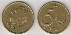Бельгія Бельгия ^/--/^ Бельгия 5 бельгийских франков 1994 г. ^_^^^ Бельгія 5 бельгійських франків 1994 - фото фото фото