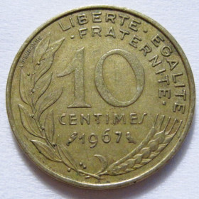 Франція Франция ^/--/^ Франція 10 сантимів 1967 року #6 /--/ П /--/ 1323 ^_^^^ Франция 10 сантимов 1967 года #6 /--/ П /--/ 1323 - фото фото фото
