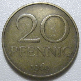 НДР, ФРН ГДР, ФРГ ^/--/^ Німеччина - НДР 20 пфенігів 1969 року 43389 ^_^^^ Германия - ГДР 20 пфеннигов 1969 года 43389 - фото фото фото
