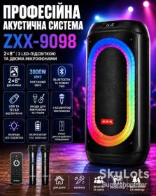 Портативні колонки, спікери Портативные колонки, спикеры ^/--/^ Аккумуляторная акустическая система ZXX-9098 2×8″ / Колонка с LED-подсветкой + 2 беспроводных микрофона ^_^^^ Акумуляторна акустична система ZXX-9098 2×8 / Колонка з LED-підсвічуванням + 2 бездротових мікрофона - фото фото фото
