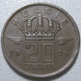 Бельгія Бельгия ^/--/^ Бельгія 20 сантимів 1954 року Belgie 42232 ^_^^^ Бельгия 20 сантимов 1954 года Belgie 42232 - фото фото фото