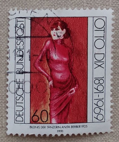 Мистецтво Искусство ^/--/^ Германия 1991 г - 100-летие со дня рождения Отто Дикса. &amp;quot;Портрет танцовщицы Аниты Бербер&amp;quot;,1925, гаш ^_^^^ Німеччина 1991 р - 100-річчя від дня народження Отто Дікса. &amp;quot;Портрет танцівниці Аніти Бербер &amp;quot;,1925, гаш - фото фото фото