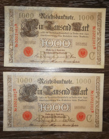 Німеччина Германия ^/--/^ Німеччина 1000 марок 1910 2 /--/ шт, № поспіль. Літера С. 2-й випуск. Червоні штампи. Різні за ворсинками ^_^^^ GERMANY Германия 100 марок 1910 2 /--/ шт, номера подряд, подряд. Литера С. 2-й выпуск. Красные штампы - фото фото фото