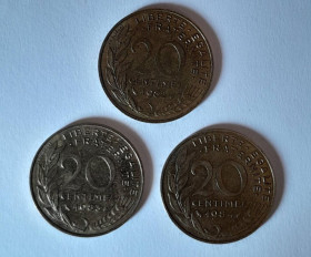 Франція Франция ^/--/^ 3 шт Франція Франция 20 сентимів 20 сентимов 1962 63 64 ^_^^^ Франция Франция 20 сентимов 20 сентимов 1963 - фото фото фото