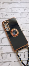 Чохли, бампера Чехлы, бампера ^/--/^ Чохол для Samsung S /--/ 23 з ремінцем на шию + тримач-кільце, протиударний, преміум дизайн  (чорний/золото) ^_^^^ Чехол для Samsung S /--/ 23 с реминцем на шею + держатель-кольцо, противоударный, премиум дизайн (черный/золото) - фото фото фото