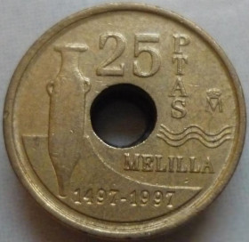 Іспанія Испания ^/--/^ Испания 25 песет 1997 Мелиллья ^_^^^ Іспанія 25 песет 1997 Мелілла - фото фото фото