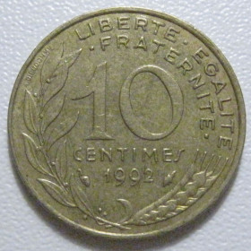 Франція Франция ^/--/^ Франція 10 сантимів 1992 року 1415 ^_^^^ Франция 10 сантимов 1992 года 1415 - фото фото фото