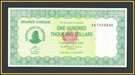 Зімбабве Зимбабве ^/--/^ Зимбабве 100000 долларов 2006 P-32 UNC ^_^^^ Зімбабве 100000 доларів 2006 P-32 UNC - фото фото фото